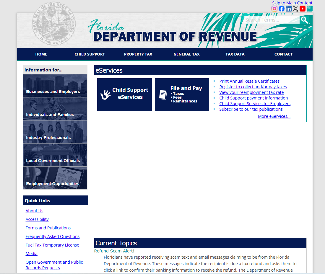 The Florida Department of Revenue homepage, with File and Pay Taxes under eServices.