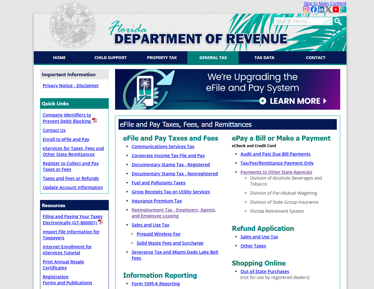 The General Tax eFile and Pay page, with Reemployment Tax listed alongside sales tax and corporate income tax.