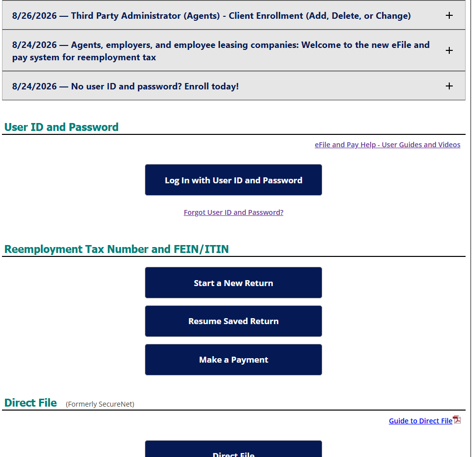 The Reemployment Tax landing page, with options to log in, start a new return, or resume a saved one.