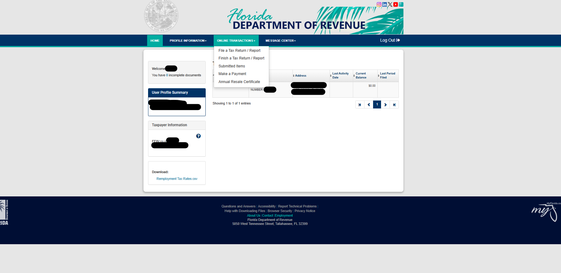 The account dashboard, with the Online Transactions menu open.