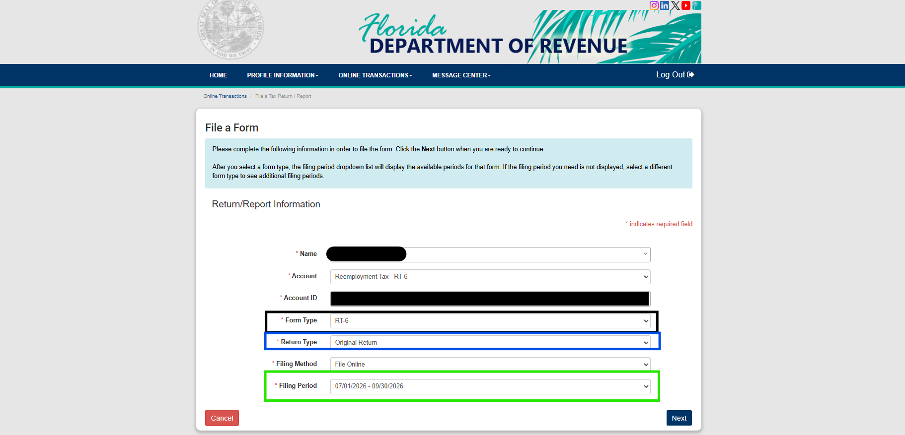The File a Form screen, where the quarter and return type are set before the actual report opens.