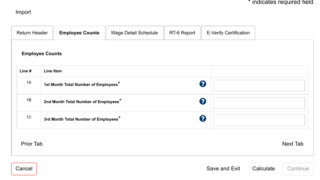 The Employee Counts tab, the first of five tabs in the return.