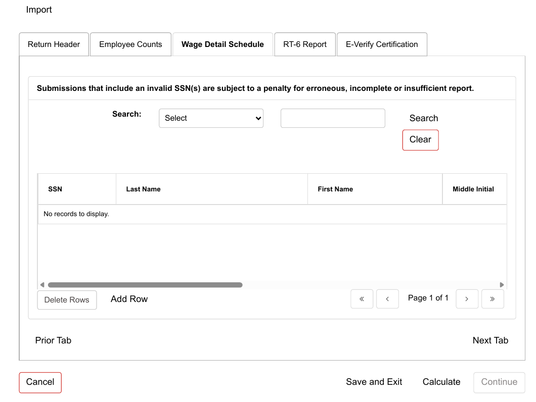 The Wage Detail Schedule tab. Rows can be added or deleted as needed.