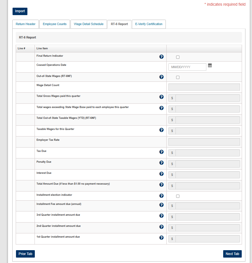 The RT-6 Report tab, where the quarter's tax liability is calculated.