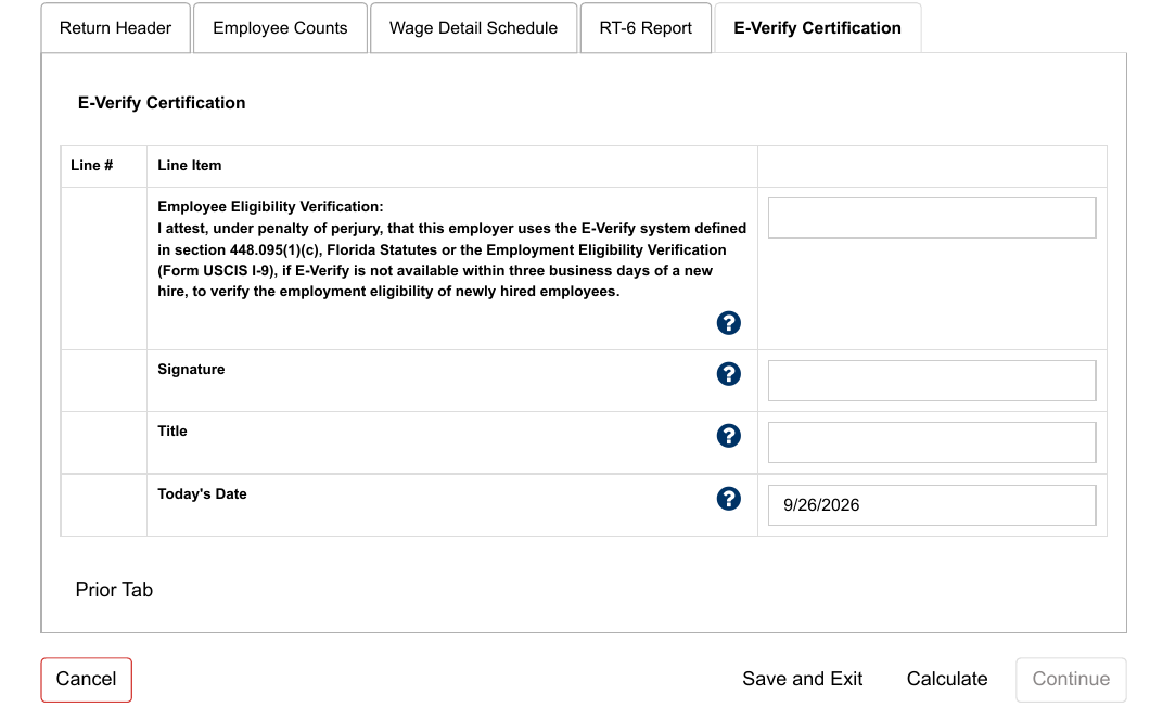 The E-Verify Certification tab, the final data-entry tab before review.