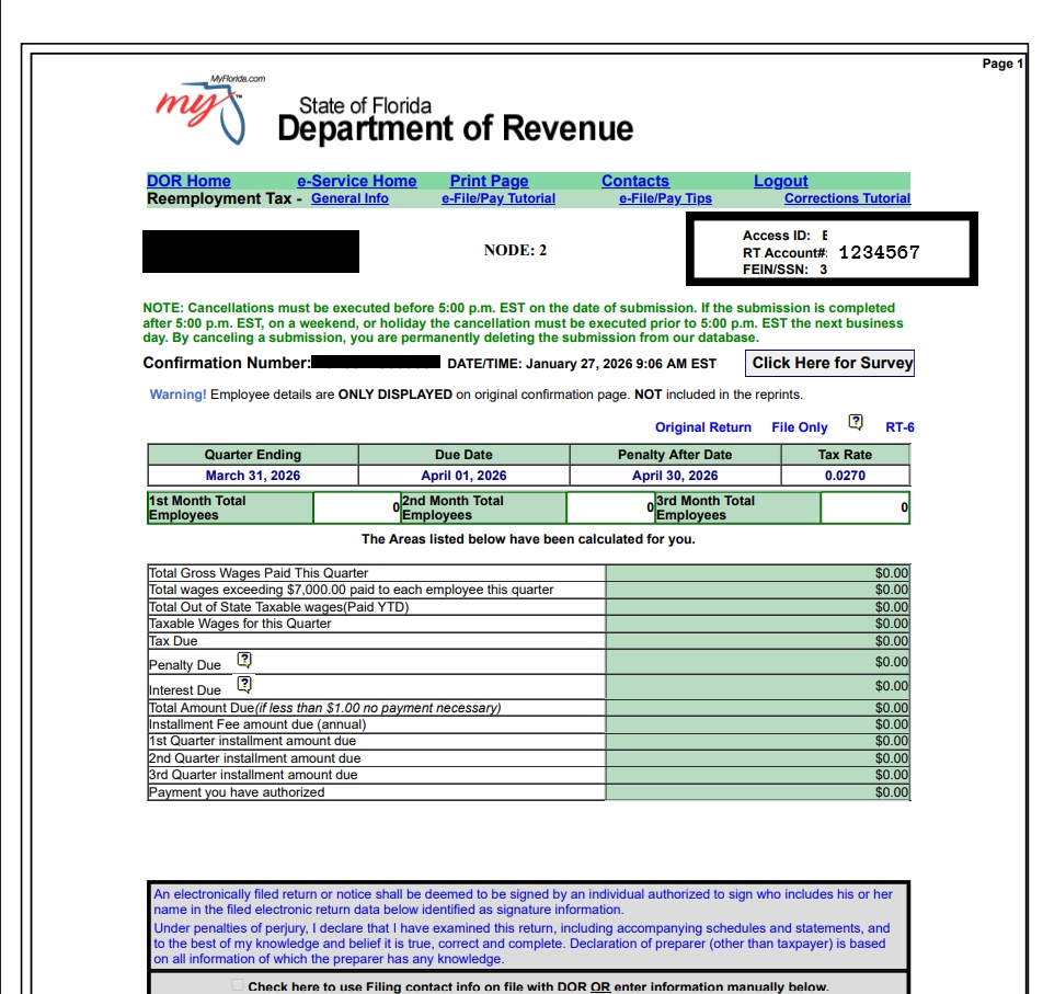 A completed filing confirmation. The confirmation number at the top is the one to save.